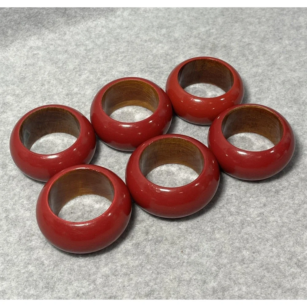 Red Lacquer Wood Napkin Rings Set of 6 Round Made‎ in India Table Decor Dining